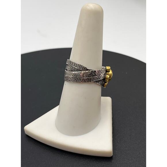 Artisan Pebbled Sterling Silver‎ and Brass 6mm Opal Cabochon Floral Ring Sz 9 - Picture 6 of 11